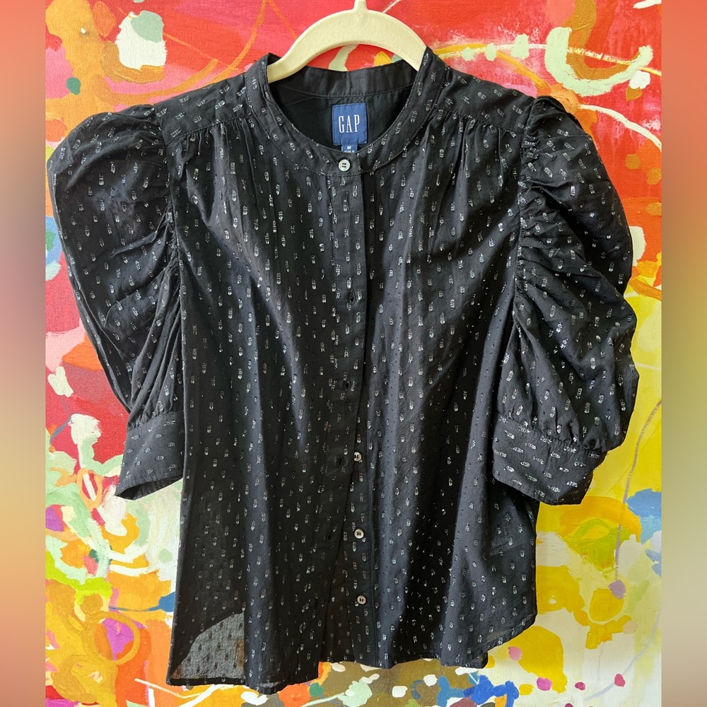 NWT Gap Puff Sleeve Metallic clip Dot Blouse size Medium